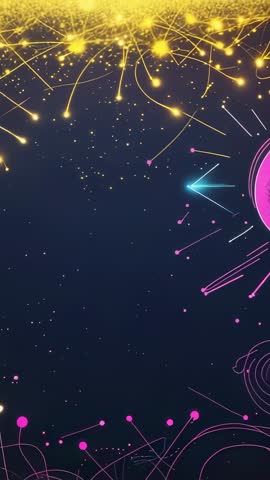 Vertical neon network animation streaming golden particles across starfield with magenta core