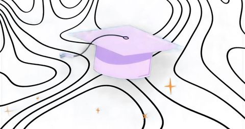 Floating lavender mortarboard over abstract contour lines celebrating graduation achievement