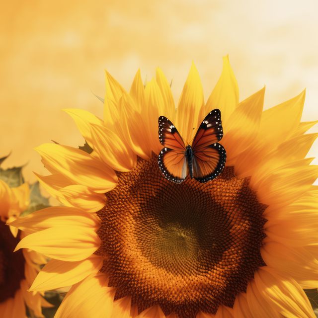 Monarch butterfly resting on bright yellow sunflower emphasizes themes of nature and beauty, perfect for use in gardening blogs, nature magazines, and environmental campaigns promoting biodiversity.
