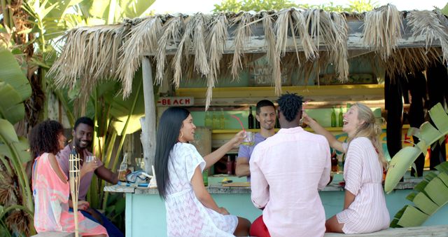 Group of Friends Enjoying Refreshments at a Tropical Beach Bar - Download Free Stock Images Pikwizard.com