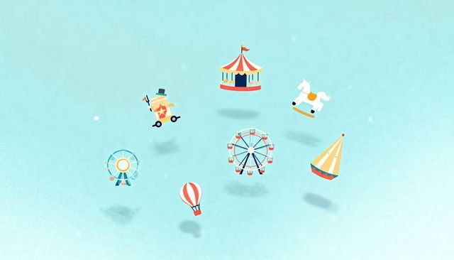 Whimsical carnival toys hovering on pastel teal, carousel, ferris wheel, hot air balloon