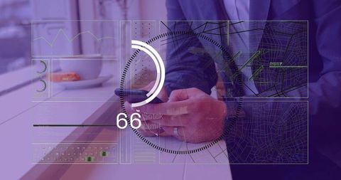 Executive tapping smartphone with augmented reality dashboard and map overlays in cafe