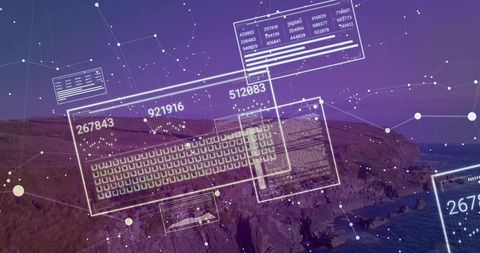 Holographic AR Data Panels Floating Over Coastal Cliffs at Twilight With Keyboard Grid