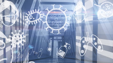 Abstract Viral Pandemic Graphics in High-Tech Hallway