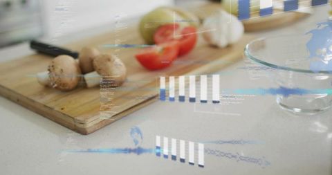 Augmented reality kitchen prep with mushrooms tomato garlic knife and glass bowl hud