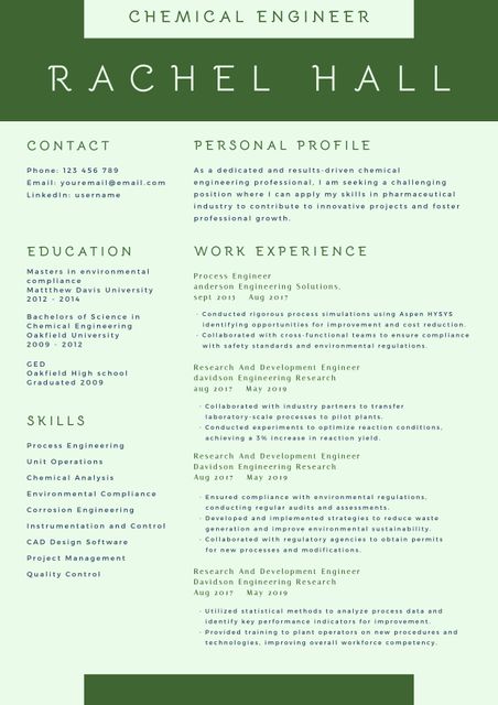 This professional resume template focuses on chemical engineering with a specialization in environmental engineering. It includes detailed sections for contact information, personal profile, work experience, education, and skills. The template is suitable for job applications in the engineering, pharmaceutical, and industrial sectors where highlighting specialized environmental skills is important. Ideal for presenting qualifications and experiences in a clean, organized manner to potential employers.