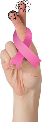 Transparent enthusiastic fingers with breast cancer ribbon