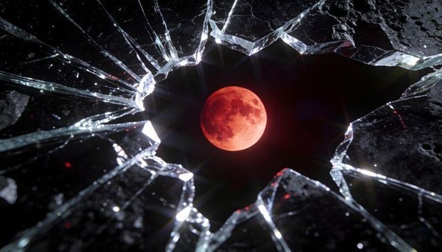 Crimson blood moon through shattered glass frame with reflective light flares