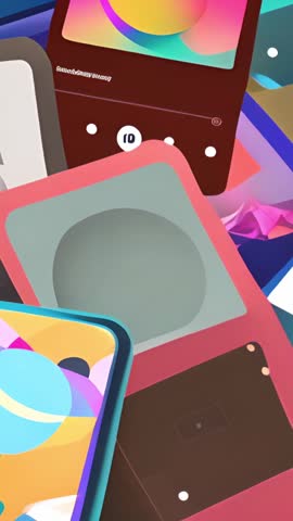 Looping vertical video of drifting 3D UI cards rotating in neon virtual interface
