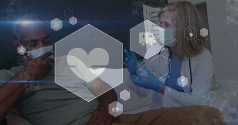 Clinician preparing vaccine vials, patient adjusting mask during telemedicine consultation
