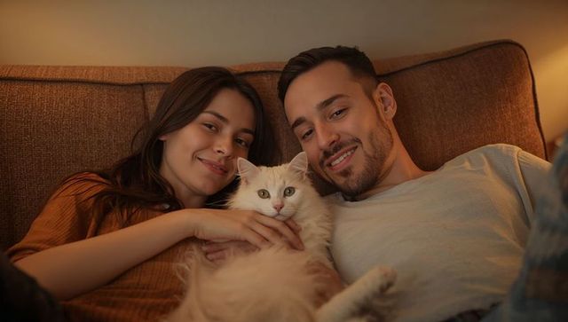 Couple cuddling white longhaired cat on cozy brown sofa under warm lamp glow at dusk