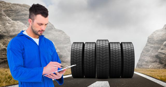 Showing automotive mechanic inspecting tire inventory on road surrounded by rock formations. Used for topics on vehicle maintenance, tire inspection, automotive industry, road safety, inventory management.