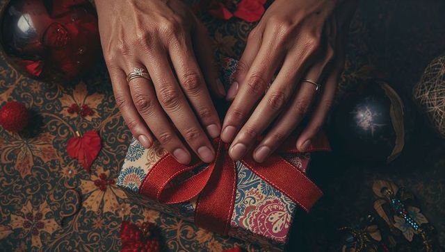 Hands Wrapping Gift Amidst Holiday Decorations
