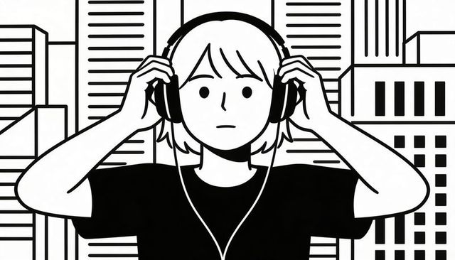 Woman adjusting headphones against monochrome skyline minimal line art vector