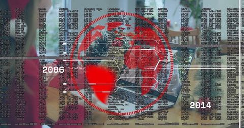 Multigenerational family typing with red globe overlay