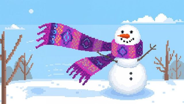 Whimsical pixel art snowman wearing vibrant patterned scarf braving wind on snowy landscape