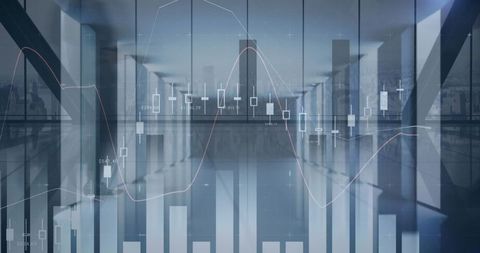 Digital financial data overlay with walking crowd in modern office