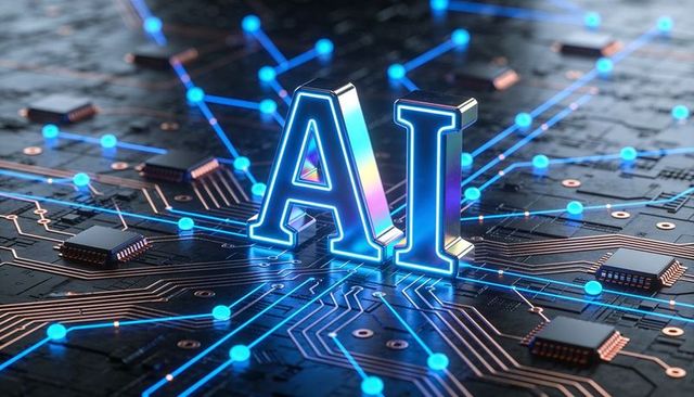 Neon ai letters on high-tech circuit board with glowing blue traces and microchips