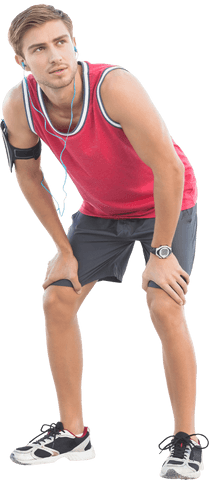 Transparent image man resting after workout with headphones