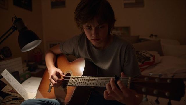 Teen practicing acoustic guitar in lamplit bedroom with capo and sheet music