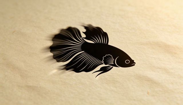 Elegant minimal black betta fish silhouette swimming over textured paper casting shadow