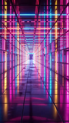 Moving vertical video capturing neon tunnel with pulsing LED tubes and mirror reflections