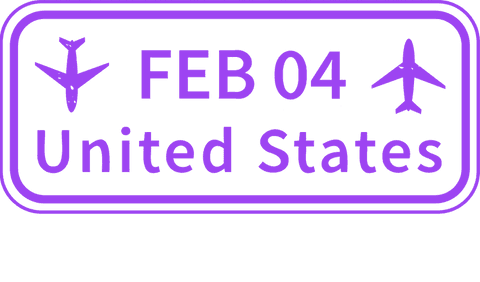 this minimalistic purple travel stamp design creatively incorporates airplane icons, a date reference 'feb 04,' and the label 'united states,' all set on a transparent layer. ideal for travel-themed projects, graphic designs, passport illustrations, and brand elements. perfect for conveying a theme of international travel and adventures in a stylish and highly visible way.