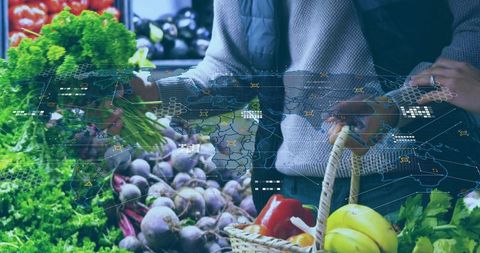 Couple shopping at farmers market with holographic global supply chain and data overlay