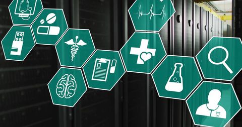 Medical technology icons on computer servers