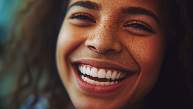 Laughing Woman with Radiant Smile and Curly Hair Close-Up