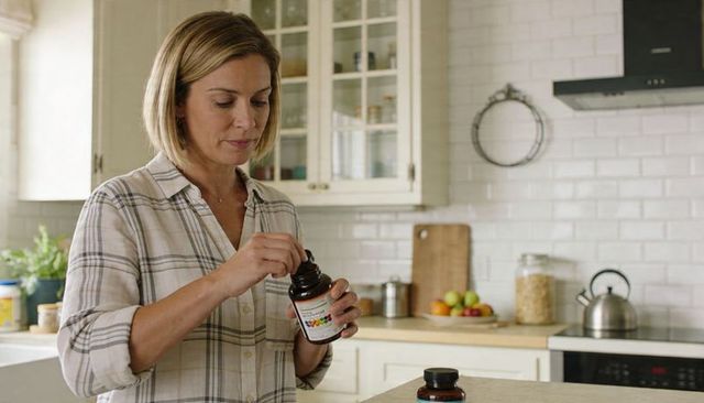 Woman opening vitamin bottle in bright kitchen taking daily supplements for wellness