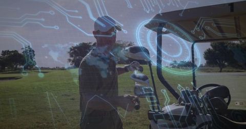 Golfer adjusting clubs beside cart on fairway with futuristic digital circuit overlay
