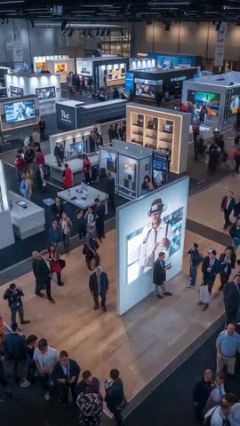Vertical Expo Video Showing Attendees Moving to Illuminated Demo Display at Busy Trade Show