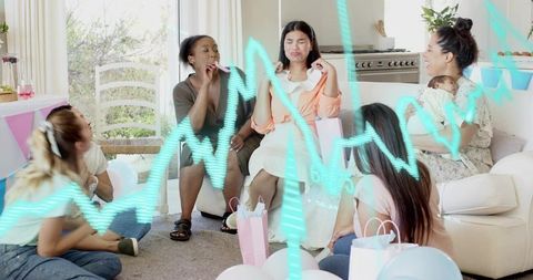 Surprised guest reacting during pastel baby shower with friends, balloons, gift bags, laughs