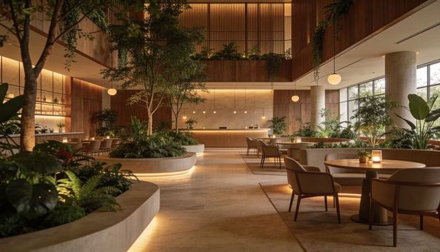 Biophilic hotel lobby showcasing circular planter with slender tree and warm underlighting
