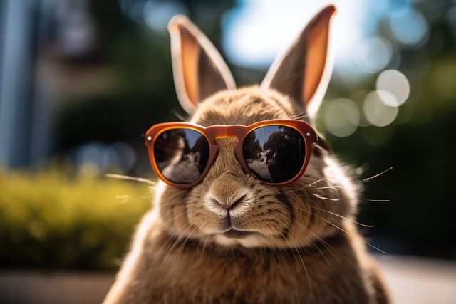 Rabbit wearing sunglasses in garden on sunny day, created using generative ai technology. Rabbit, animal, summer and vacation concept digitally generated image.
