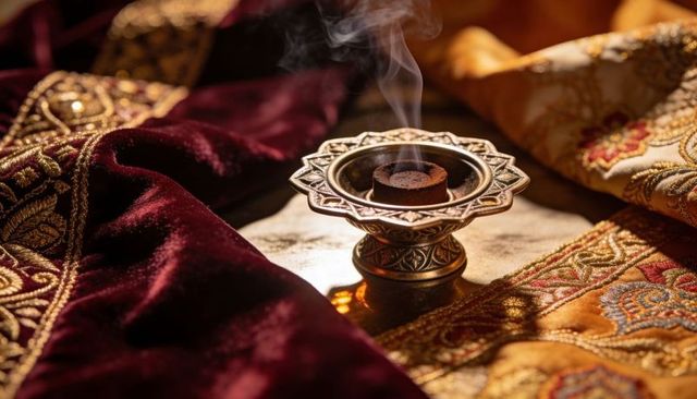 Ornate brass incense censer releasing wispy smoke on burgundy velvet and gold brocade