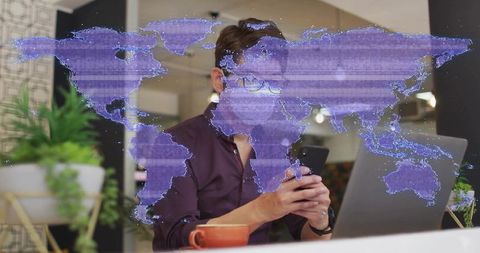 Professional Man Using Smartphone in Modern Office with Global Map Overlay