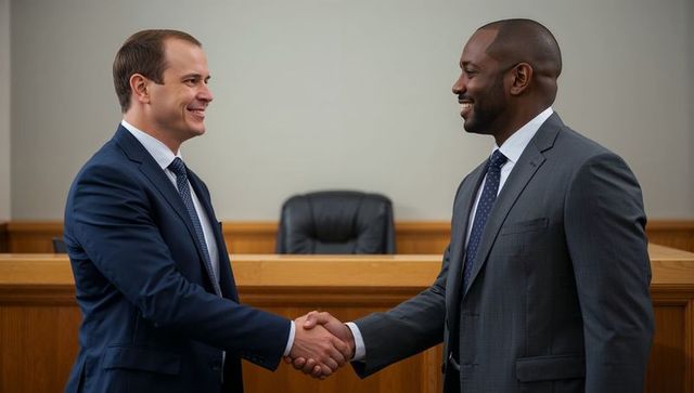 Businessmen shaking hands in courtroom following successful settlement and agreement