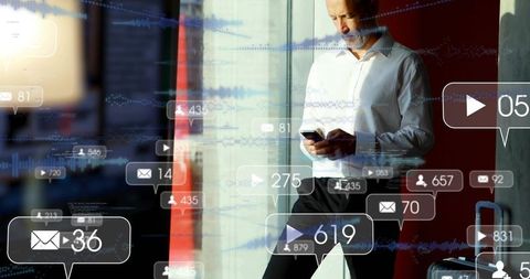 Business traveler checking phone leaning on glass at airport with notification overlays