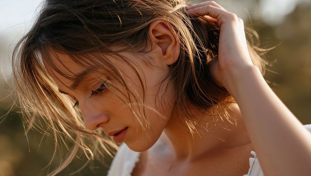 Sunlit intimate portrait of woman touching hair, freckles, golden hour close-up