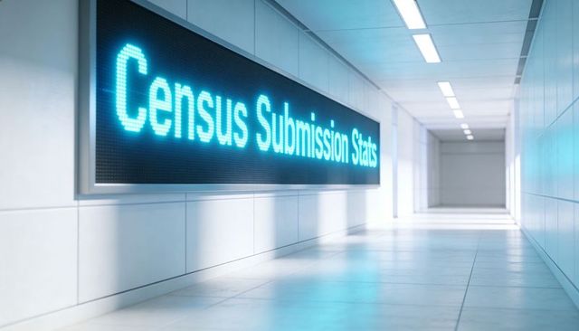 Displaying led ticker census submission stats in minimalist cyan corridor environment