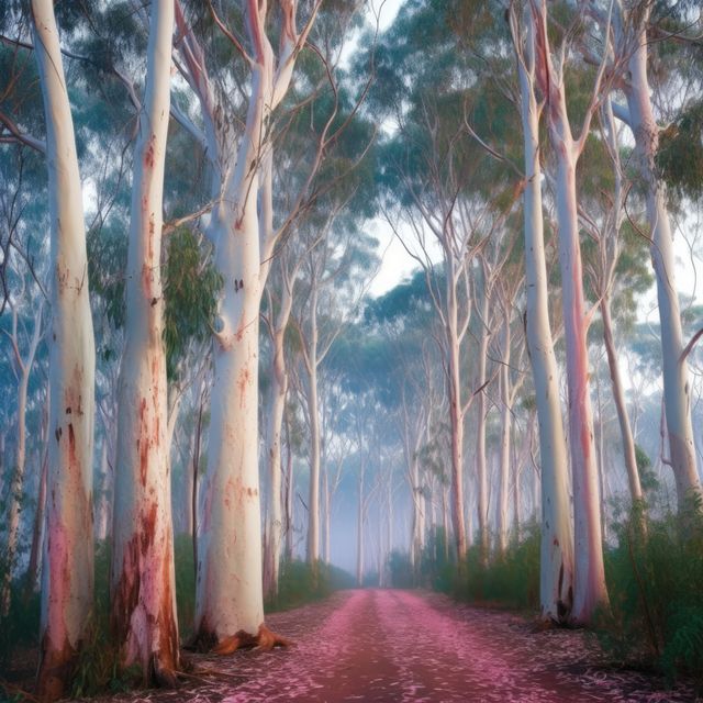 Misty, idyllic forest path lined with towering eucalyptus trees and scattered blossoms on the ground. Perfect for use in blogs about nature escapes, travel, meditation, wanderlust, scenic landscapes, hiking destinations, and peaceful retreats.