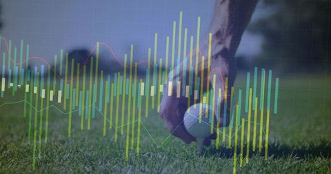 Placing Golf Ball on Tee with Stock Market Charts Overlay for Golf Business Investment Concept