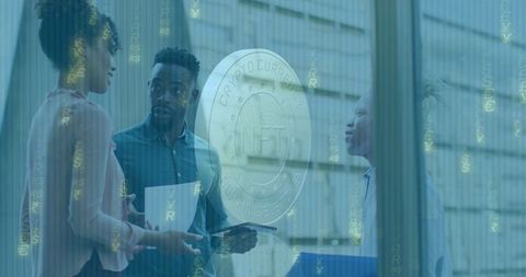 Business professionals discuss blockchain with nft overlay and digital elements