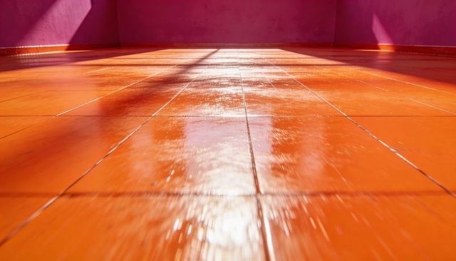 Glossy orange ceramic tile floor reflecting sunlight with magenta wall and shadows