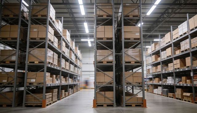 Storing stacked cardboard boxes on central pallet racking along wide warehouse aisle