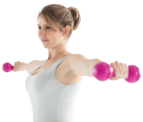 Caucasian woman exercising with dumbbells, transparent background