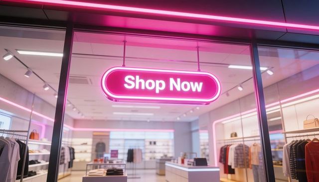 Magenta neon shop now sign drawing view through glass into modern boutique interior