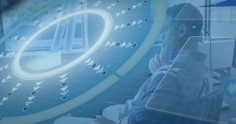 Mid-adult professional contemplating futuristic digital interface with analytics overlay